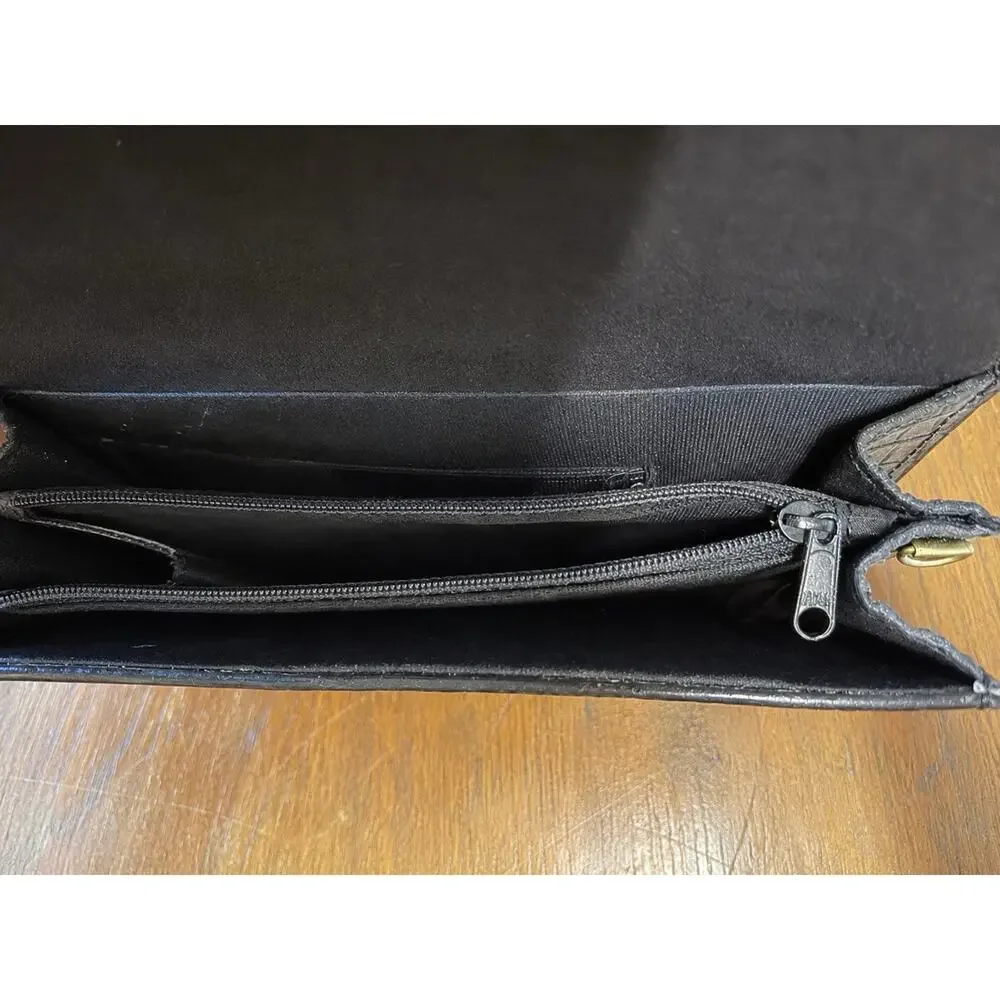 Vintage Black Faux Alligator Embossed Portfolio Handbag Briefcase Gold Tone